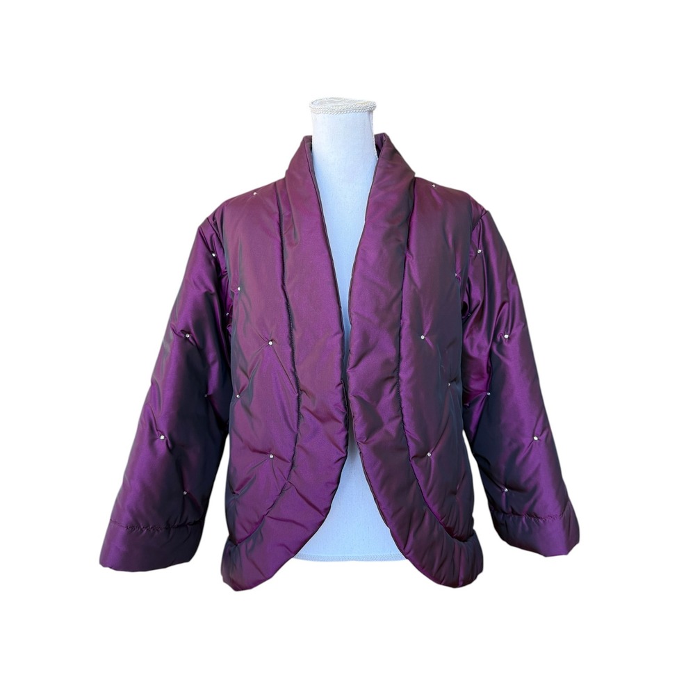 Bill Blass Iridescent Purple Quilted Rhinestone Puffer Jacket Open Front 6